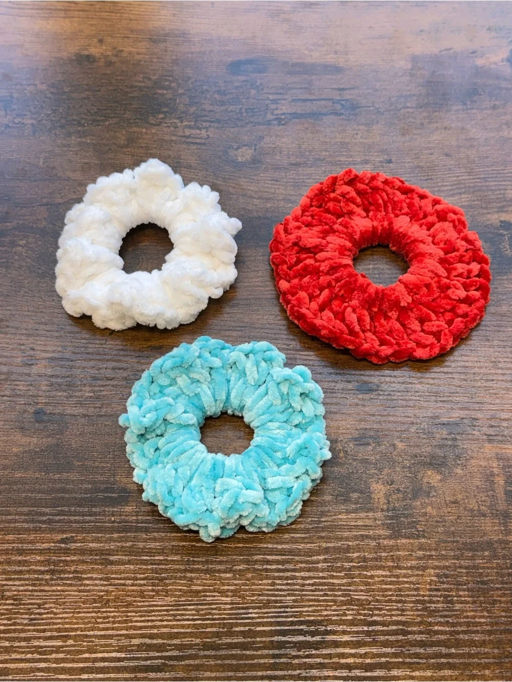 Hand Made Plush Scrunchie Trio in Teal, White, and Red